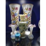 A COLLECTION OF OPALESCENT AND PAINTED GLASS including a pair of vases