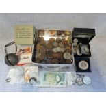 A COLLECTION OF COINS including pre 1947 silver denominations, a Great War medal and a Crotal bell