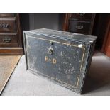 A 19TH CENTURY TIN STRONG BOX with initials 'F D'