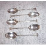 A SET OF FIVE VICTORIAN SILVER TEASPOONS, the reverse side of the bowls with raised floral urn