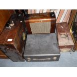 A VINTAGE DUPLICATOR, a 1950s record player, a Vintage wireless and a wooden till