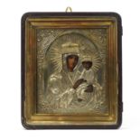 19th century hand painted Russian religious icon with relief silver plated mounts, housed in a