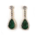 Pair of 18ct gold tear drop emerald and diamond earrings, approximately 3.6cm long, approximate