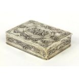 Continental rectangular silver box with hinged lid, embossed with putti and foliage, stamped 835