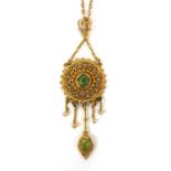 Gold coloured metal green stone and seed pearl pendant marked K 12 to the back, 5.5cm long, on a 9ct