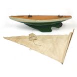 large Victorian painted wooden pond yacht with canvas sales, 92cm long : For Further Condition