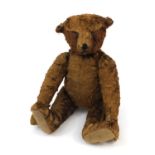 Old straw filled teddy bear with boot black button eyes, 36cm high : For Further Condition Reports