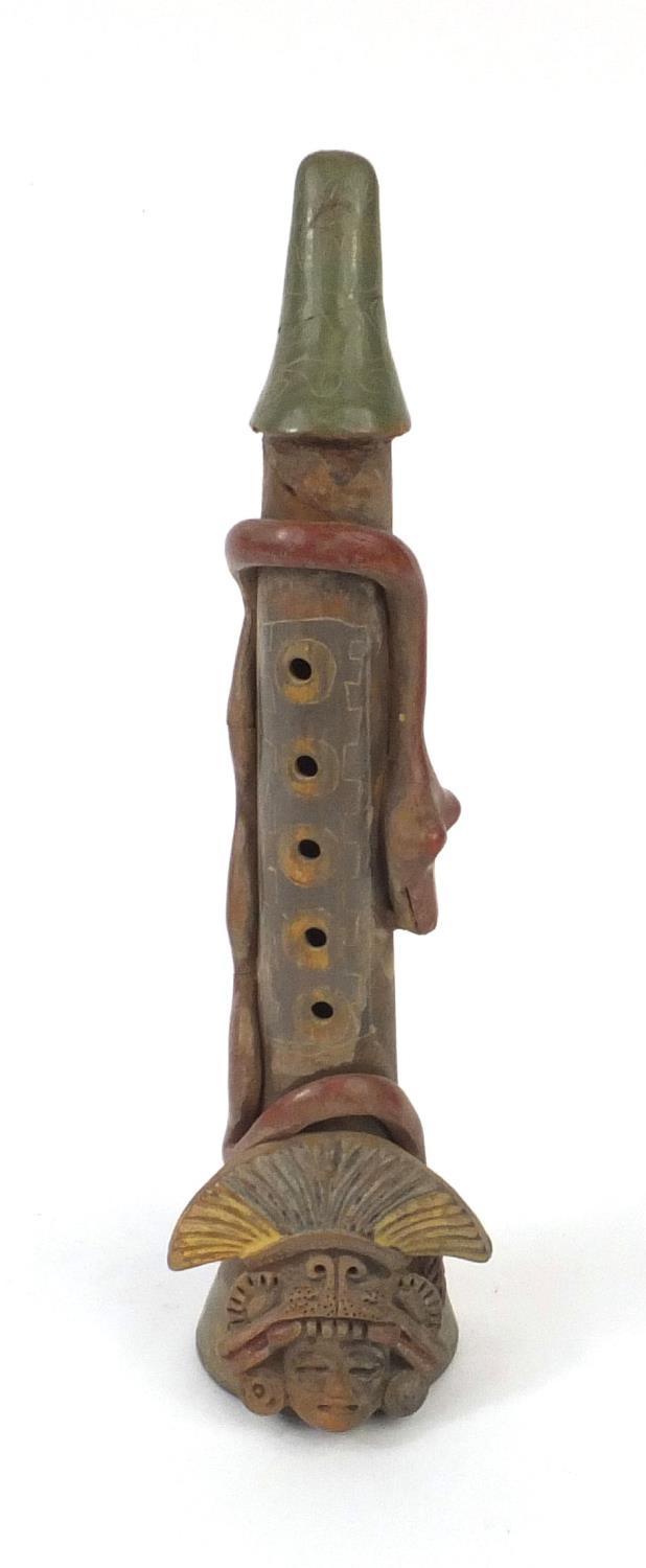 Peruvian clay pipe modelled as a Totem Pole with snake, 30cm high : For Further Condition Reports