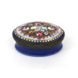 Antique Bilston enamel pill box the hinged lid inscribed 'The Gift of a Friend' and hand enamelled