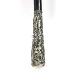 Ebonised walking stick with silver pommel, embossed with Indian Goddesses, 93cm long : For Further