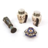 Objects comprising enamelled desk seal, silver and enamelled Masonic brooch and a pair of novelty