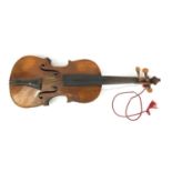 Wooden violin with two piece back and ebonised fittings, 57cm long : For Further Condition Reports