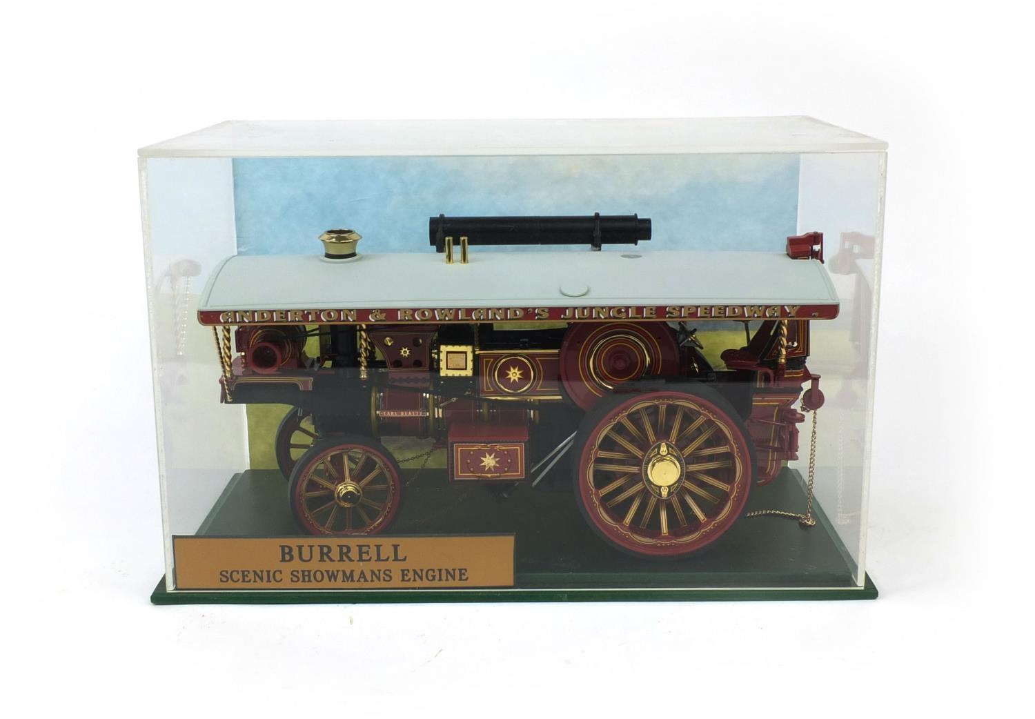 Midsummer die cast model Burrell Scenic Showmans engine, No.3896 housed under a Perspex case, 15cm