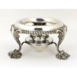 Georgian silver kettle stand with burner, raised on cabriole legs and scroll feet, Benjamin Smith,