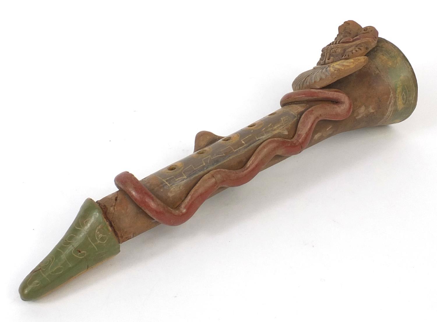 Peruvian clay pipe modelled as a Totem Pole with snake, 30cm high : For Further Condition Reports - Image 3 of 3