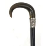 Ebonised walking stick with horn handle and silver collar engraved 'Bishop of Taunton from C.H.L Oct