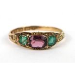 Victorian 12ct gold ring set with amethyst and green stones, size O, approximate weight 1.2g : For