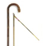 Bamboo horse measuring walking stick with concealed silver mounted measuring stick and spirit level,