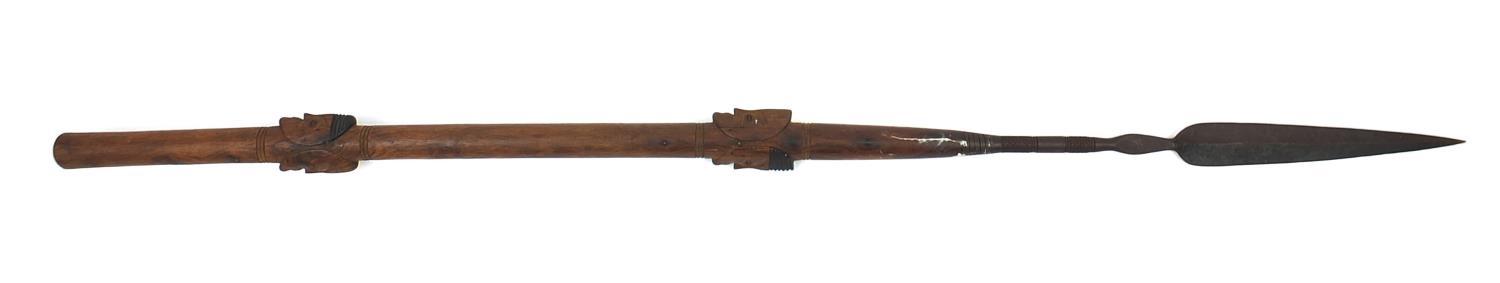 African hardwood ceremonial spear carved in relief with face masks, 208cm long : For Further - Image 2 of 5
