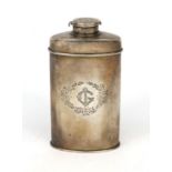 Continental silver coloured metal canister with gilt interior, engraved N.S.N.PR. Silver to the