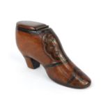 19th century treen snuff box in the form of a shoe, with brass studded decoration, the hinged lid