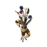 9ct gold and platinum bouquet brooch set with diamonds, pearls, sapphires and a ruby, 4cm long,
