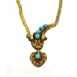 Victorian unmarked gold serpent necklace with love heart locket, set with five turquoise stones