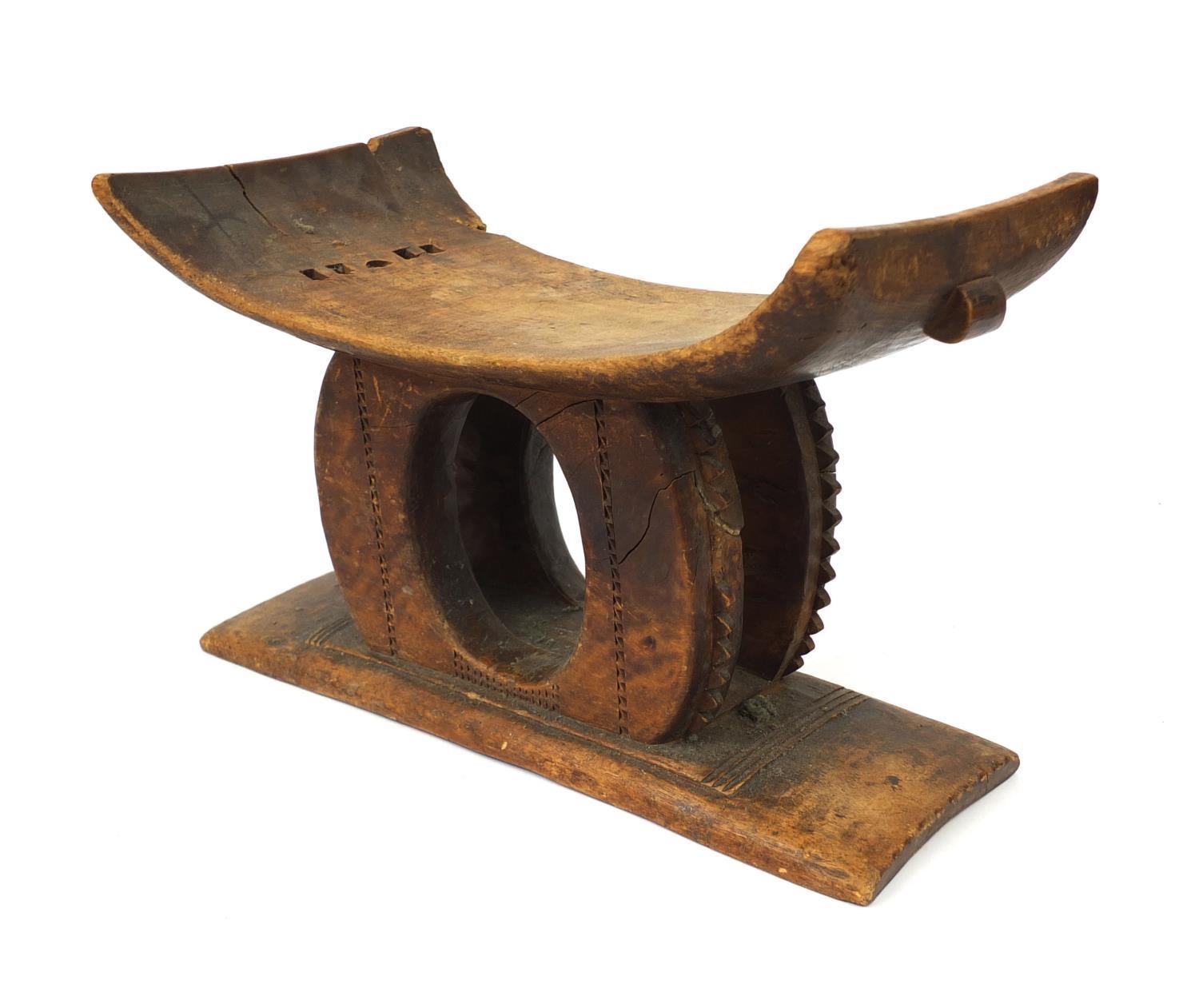 Tribal interest carved wooden African headrest, 39cm x 26cm x 22cm : For Further Condition Reports