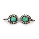 Pair of 14ct gold Russian old mine cut diamond and cabochon turquoise earrings, each set with a