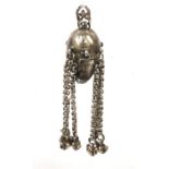 Middle Eastern silver coloured metal Chatelaine poison bottle, 8.5cm long, approximate weight 21.