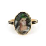 18th Century unmarked gold porcelain portrait mourning ring with black enamelled shank - Jane Pope.