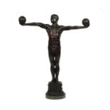 Simon Liebl bronze study of Atlas, standing semi nude with both arms out stretched holding globes,