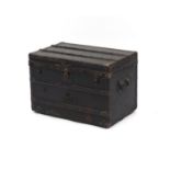 19th century Louis Vuitton leather bound wooden travelling trunk with carrying handles, 41cm high