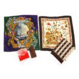 Group of three vintage silk scarves including a Gucci example decorated with mushrooms and a