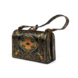 Vintage tooled leather ladies evening bag with floral decoration, 17cm wide :Request a condition