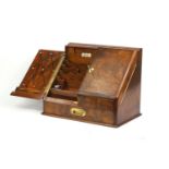 Victorian walnut stationery box with day date calendar, letter rack, inkwells and brass fittings,