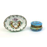 Continental enamelled pill box decorated with flowers together with an enamelled pin dish, inscribed
