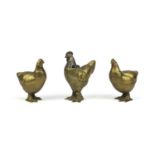 Victorian brass three piece cruet set, each in the form of a chicken, one with impressed lozenge