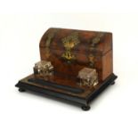 Victorian burr walnut desk stand with glass inkwells, letter rack and brass strap decoration, 21cm