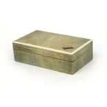 Rectangular shagreen and sandalwood cigarette box with ivory banding and twin divisional interior,