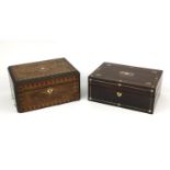 Two Victorian sewing boxes comprising a rosewood example with Mother of Pearl inlay and fitted