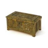 19th Century gilt brass casket with hinged lid, decorated with panels of stylised flowers and