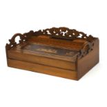 Sorrento ware olive wood writing slope, with carrying handles and pierced gallery, the lid inlaid
