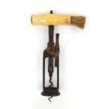 19th century Lund's Patent London rack corkscrew, with with bone handle and side brush, 19cm in