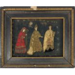 Antique stumpwork picture of three figures, dated 1605, framed, 39cm x 28cm excluding the frame