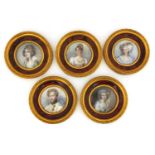 Set of five circular portrait miniatures onto ivory, including ones of Young Napoleon and Pauline