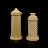 Two carved ivory pots, one salt and one pepper, the largest 11cm high, (PROVENANCE: 1934