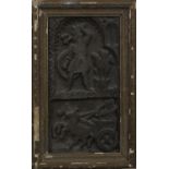 Antique wooden panel, carved with figures and a chariot, gilt framed, 40cm x 21cm excluding the