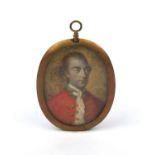 Georgian oval portrait miniature onto ivory of a gentleman wearing a red tunic, housed in a gilt