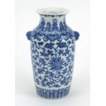 Chinese blue and white porcelain vase with Dog Of Foo handles, profusely hand painted with